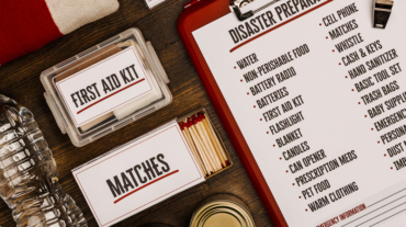 Disaster preparation kit flat lay. Items needed for disaster preparedness